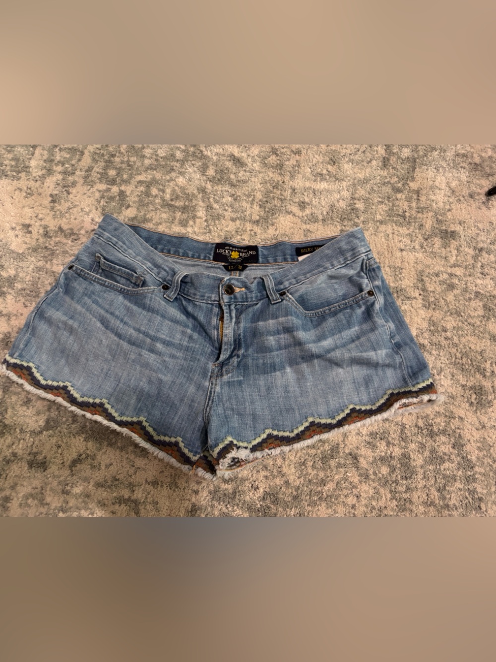 Lucky Brand Light Blue Denim Shorts with Scalloped Embroidered Trim